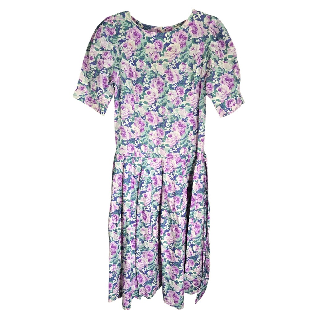Vintage Laura Ashley Floral Linen Cotton Dress Purple Rose Made in UK Size 10